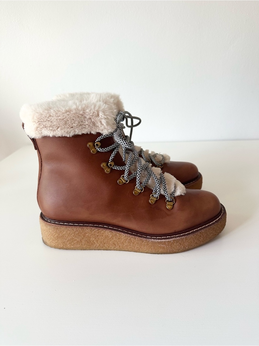 J.Crew Faux Fur Lined Brown Leather Lace Up Nordic Hiking Boots Size 8.5